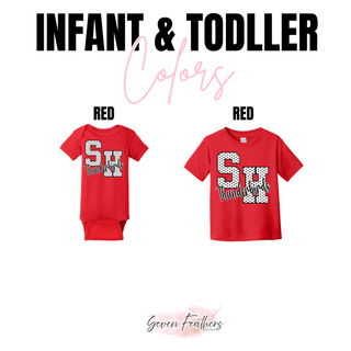Infant bodysuit and toddler tee in red with the white polka dot SH Thunderbirds design, infant and toddler color chart