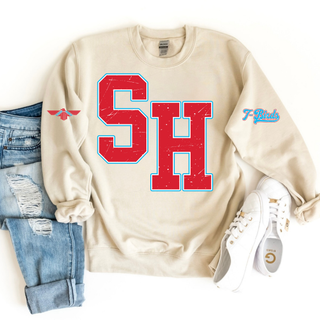 Shawnee Heights SH Distressed Varsity Top on sand Gildan crewneck