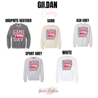 Shawnee Heights T-Birds Game Day Pennant Top Gildan color options: Graphite Heather, Sand, Ash Grey, Sport Grey, and White