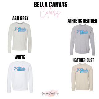 Bella Canvas tops in Ash Grey, Athletic Heather, White, and Heather Dust, each featuring the T-Birds retro script in sky blue with red outline