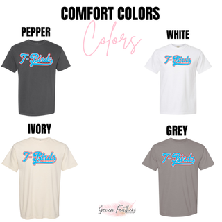 Comfort Colors shirts in Pepper, White, Ivory, and Grey, each featuring the T-Birds retro script in sky blue with red outline