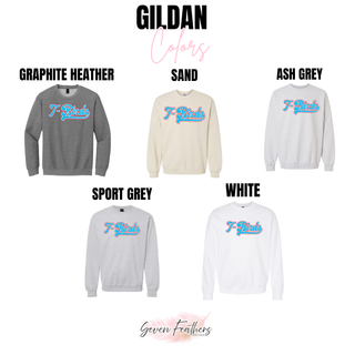 Gildan tops in Graphite Heather, Sand, Ash Grey, Sport Grey, and White, each featuring the T-Birds retro script in sky blue with red outline