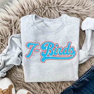 Heather grey top with T-Birds retro script design in sky blue with red outline across the front chest