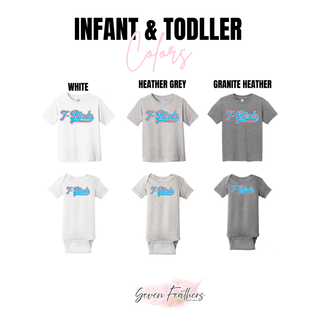 Infant and toddler tops and bodysuits in White, Heather Grey, and Granite Heather, each featuring the T-Birds retro script in sky blue with red outline