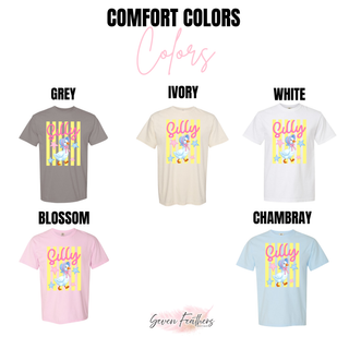 Comfort Colors Silly Goose Striped tee in grey, ivory, white, blossom, and chambray