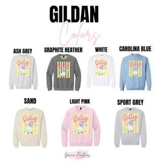 Gildan Silly Goose Striped crewneck in ash grey, graphite heather, white, carolina blue, sand, light pink, sport grey