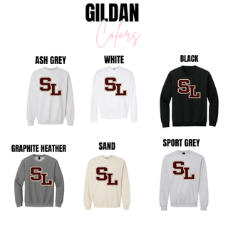 Gildan Silver Lake bold SL crewneck in ash grey, white, black, graphite heather, sand, and sport grey
