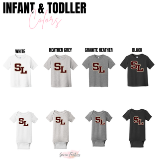 Silver Lake bold SL infant and toddler tees and onesies in white, heather grey, granite heather, and black
