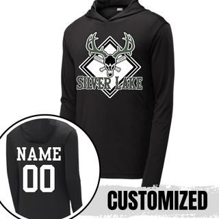 Silver Lake Bucks Baseball deer skull diamond logo PosiCharge Competitor pullover hoodie in black with customized name and number on back, made to order from Seven Feathers Boutique in Silver Lake Kansas