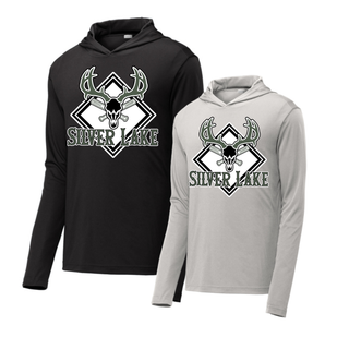 Silver Lake Bucks Baseball deer skull diamond logo PosiCharge Competitor pullover hoodie in black and silver Sport Tek, made to order from Seven Feathers Boutique in Silver Lake Kansas
