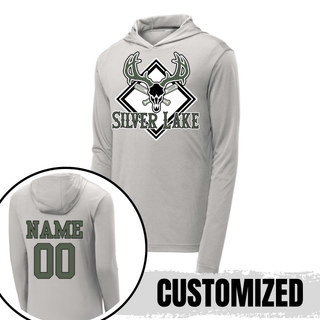 Silver Lake Bucks Baseball deer skull diamond logo PosiCharge Competitor pullover hoodie in silver with customized name and number on back, made to order from Seven Feathers Boutique in Silver Lake Kansas
