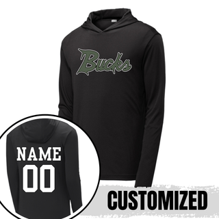 Silver Lake Bucks Baseball script logo PosiCharge Competitor pullover hoodie in black with customized name and number on back, made to order from Seven Feathers Boutique in Silver Lake Kansas
