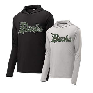 Silver Lake Bucks Baseball script logo PosiCharge Competitor pullover hoodie in black and silver Sport Tek, made to order from Seven Feathers Boutique in Silver Lake Kansas
