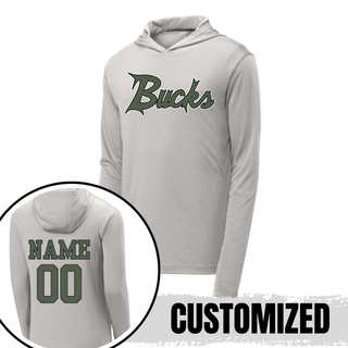 Silver Lake Bucks Baseball script logo PosiCharge Competitor pullover hoodie in silver with customized name and number on back, made to order from Seven Feathers Boutique in Silver Lake Kansas