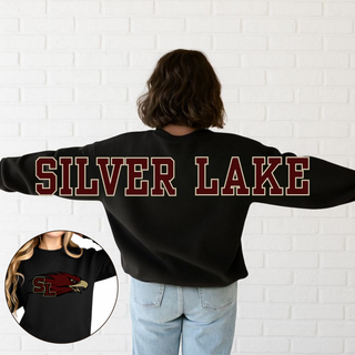 Black oversized crewneck sweatshirt with SL Eagles logo on front chest and SILVER LAKE varsity text across the back