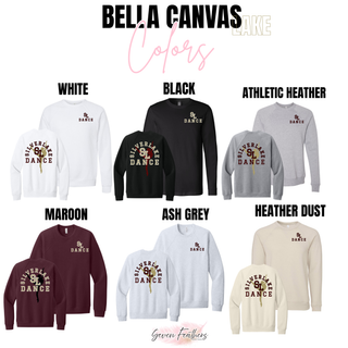 Silver Lake Dance silhouette Bella Canvas crewneck and long sleeve shown front and back in white, black, athletic heather, maroon, ash grey, and heather dust with SL Dance chest print and arched dancer silhouette back print on white background