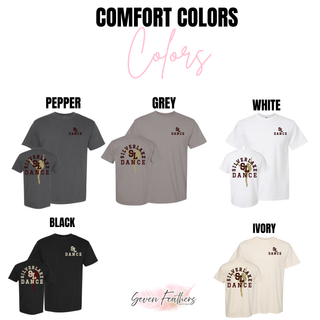 Silver Lake Dance silhouette Comfort Colors top shown front and back in pepper, grey, white, black, and ivory with small SL Dance chest print and large arched Silver Lake Dance dancer silhouette back print on white background