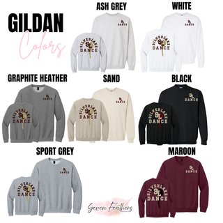 Silver Lake Dance silhouette Gildan crewneck shown front and back in ash grey, white, graphite heather, sand, black, sport grey, and maroon with small SL Dance chest print and large arched Silver Lake Dance dancer silhouette back print on white background