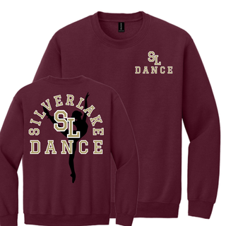 Maroon Gildan crewneck sweatshirt showing front with small gold SL Dance left chest DTF print and back with large maroon and gold arched Silver Lake Dance text and black dancer silhouette DTF print on white background