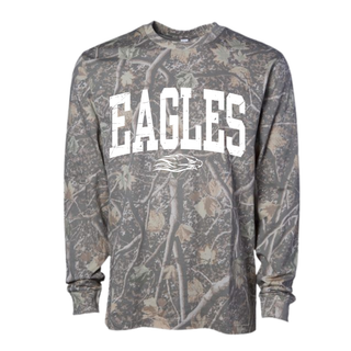 Camo long sleeve top featuring distressed Eagles lettering and eagle head graphic