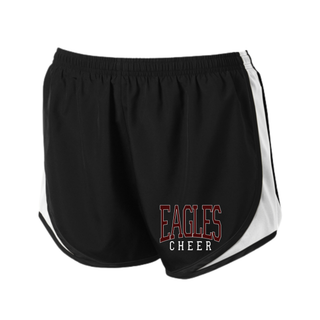 Black moisture wicking cadence short with EAGLES CHEER varsity block design on left leg front view
