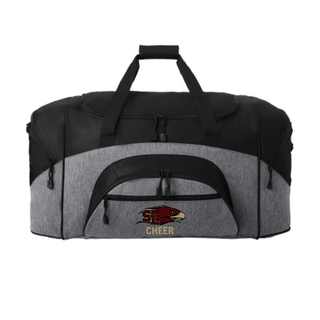 Black and grey duffel bag with SL Eagles logo and CHEER text on front pocket front view
