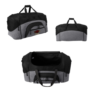 Silver Lake Eagles cheer duffel bag shown from side angle, back view, and open top view

