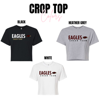 Women's crop tops in black, heather grey, and white with Silver Lake Eagles Cheer Team design
