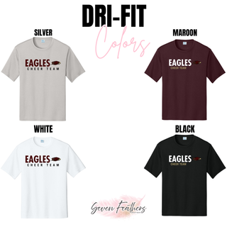 Dri-fit performance tops in silver, maroon, white, and black with Silver Lake Eagles Cheer Team design
