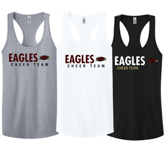 Silver Lake Eagles Cheer Team racerback tanks in white, black, and heather grey with Eagles mascot logo