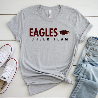 Athletic heather Bella Canvas tee with Silver Lake Eagles Cheer Team mascot logo design styled with jeans and sneakers