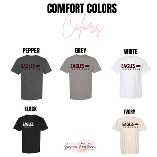 Comfort Colors Silver Lake Eagles Cheer Team tees in pepper, grey, white, black, and ivory