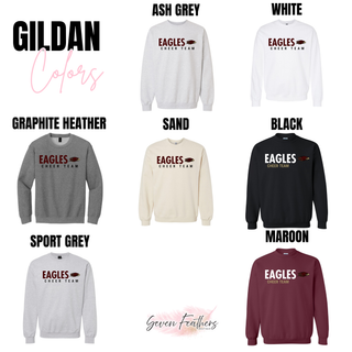 Gildan Silver Lake Eagles Cheer Team crewnecks in ash grey, white, graphite heather, sand, black, sport grey, and maroon
