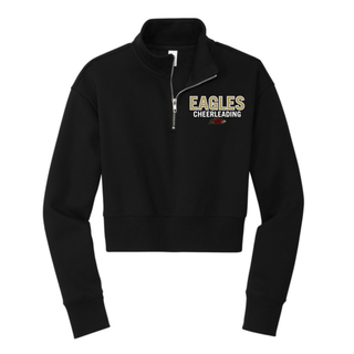 Black crop quarter zip with EAGLES CHEERLEADING gold and white block text and Eagles mascot logo on left chest front view
