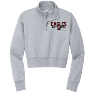 Heather grey crop quarter zip with EAGLES CHEERLEADING block text and Eagles mascot logo on left chest front view
