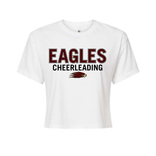 White crop top with EAGLES CHEERLEADING bold block text and Eagles mascot logo front view
