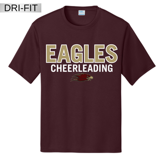 Maroon dri-fit performance tee with EAGLES CHEERLEADING bold block text and Eagles mascot logo front view

