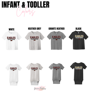 Eagles Cheerleading infant toddler tees and onesies in white, heather grey, granite heather, and black
