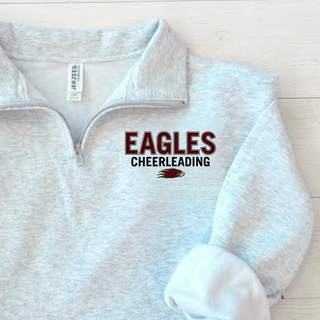 Ash grey quarter zip with EAGLES CHEERLEADING block text and Eagles mascot logo on left chest front view flat lay
