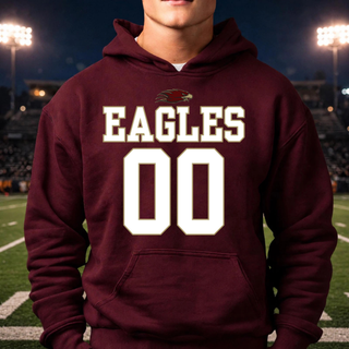 Man wearing maroon Silver Lake Eagles custom number jersey hoodie with personalized name and number