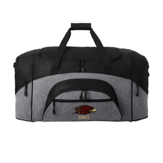 Grey and black two-tone sport duffel bag with maroon and gold Silver Lake Eagles SL Dance DTF print centered on front zippered pocket on white background