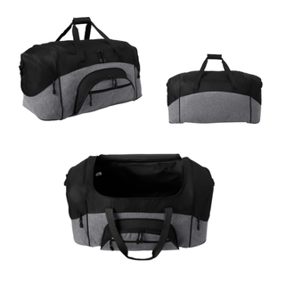 Grey and black Silver Lake Eagles Dance duffel bag shown in three views including side angle back and open main compartment revealing spacious interior on white background