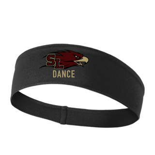 Black moisture-wicking athletic headband with maroon and gold Silver Lake Eagles SL Dance DTF print centered on front on white background