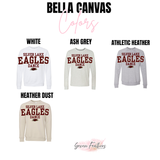 Silver Lake Eagles Dance oversized varsity Bella Canvas crewneck shown in white, ash grey, athletic heather, and heather dust with oversized maroon block letter DTF print on white background