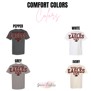 Silver Lake Eagles Dance oversized varsity Comfort Colors top shown in pepper, white, grey, and ivory with oversized maroon and gold block letter DTF print on white background