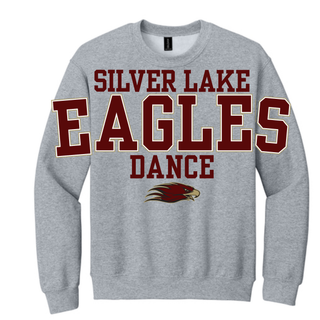 Sport grey Gildan crewneck sweatshirt with large oversized maroon and gold Silver Lake Eagles Dance varsity block letter DTF print and Eagles mascot on chest on white background