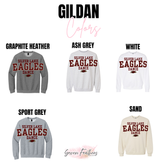 Silver Lake Eagles Dance oversized varsity crewneck sweatshirt in Gildan shown in graphite heather, ash grey, white, sport grey, and sand with oversized maroon block letter DTF print on white background