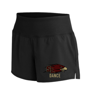 Black women's repeat shorts front view with maroon and gold Silver Lake Eagles SL Dance DTF print on lower left leg on white background