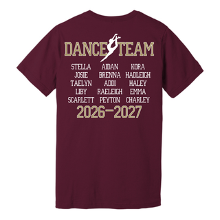  Maroon Bella Canvas graphic tee back view with gold white and maroon Dance Team print dancer silhouette and full 2026-2027 Silver Lake Eagles dance team roster of names on white background