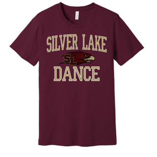 Maroon Bella Canvas graphic tee flat lay front view with gold and white arched Silver Lake Dance varsity block letter print and Eagles SL mascot on chest on white background